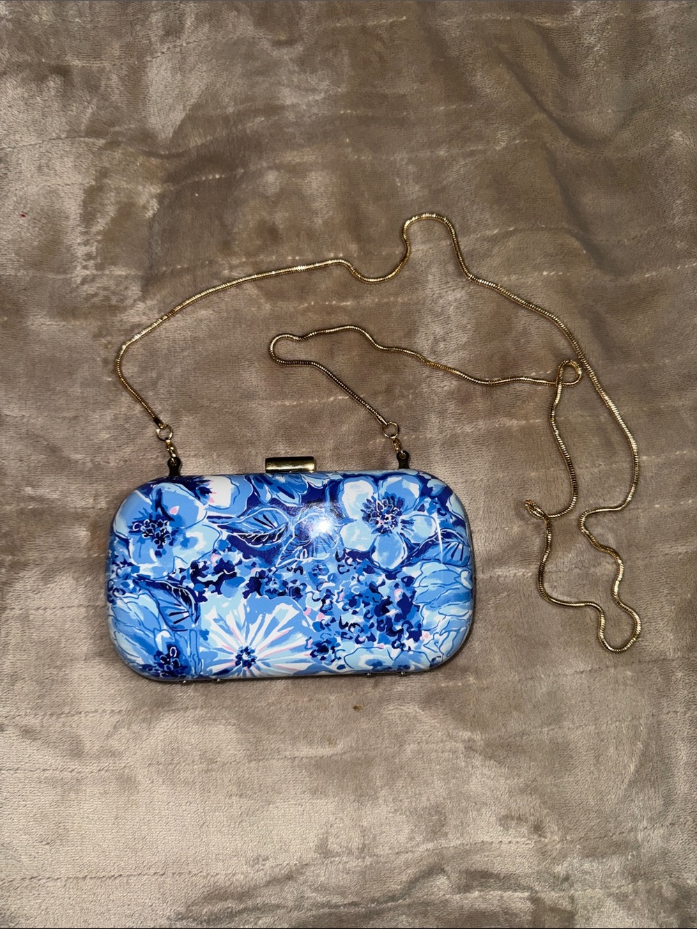 Lilly Pulitzer Blue Floral Hardcase Clutch with Gold Chain